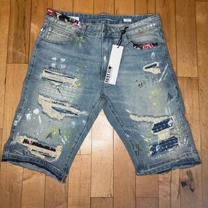 Men's First Row Blue Jean Distressed‎ Cargo Shorts Size 36